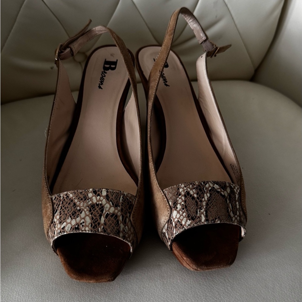 Bussola Brown Snake-Print Slingback Peep-Toe Mules